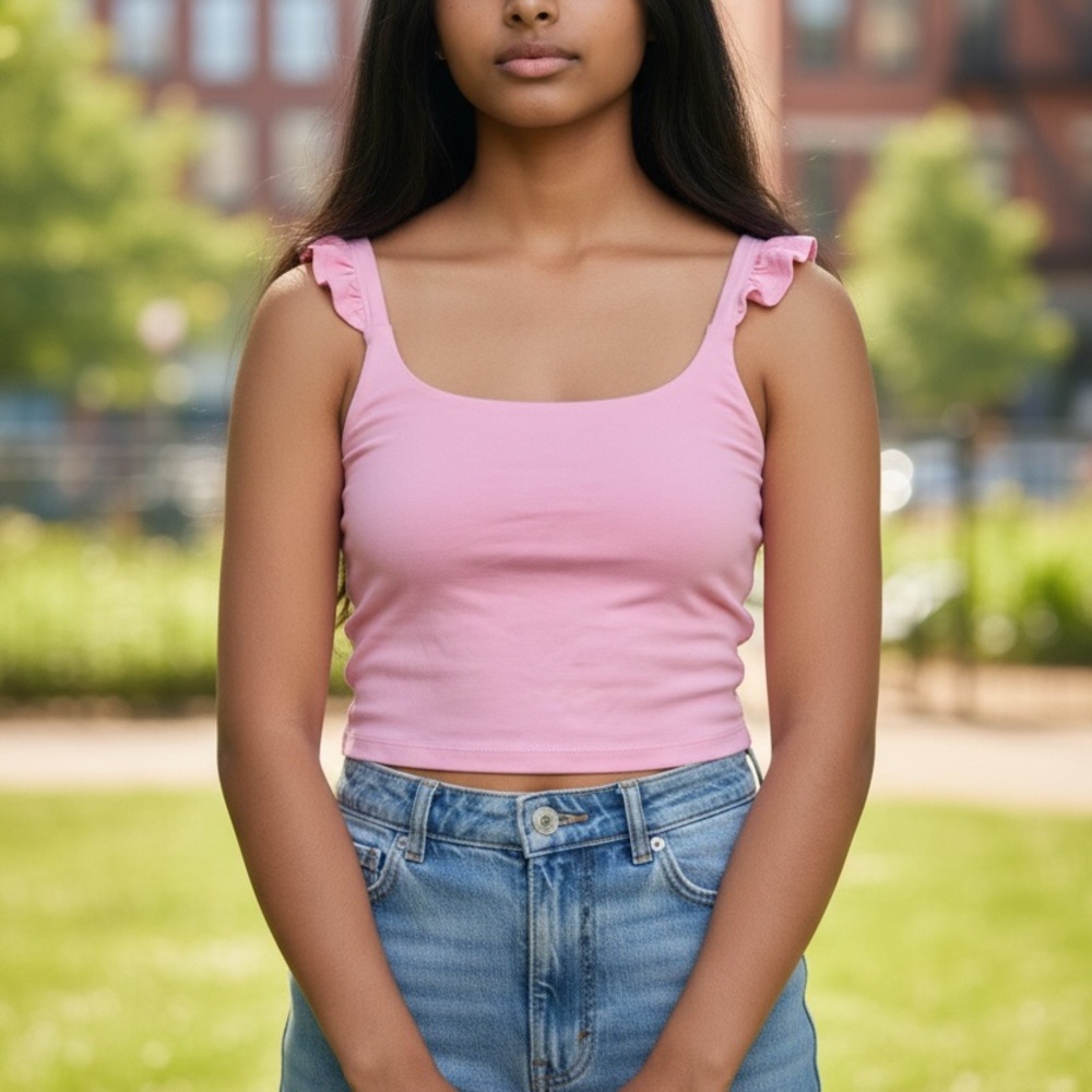 Pink Ruffle Strap Crop Tank Top - Women